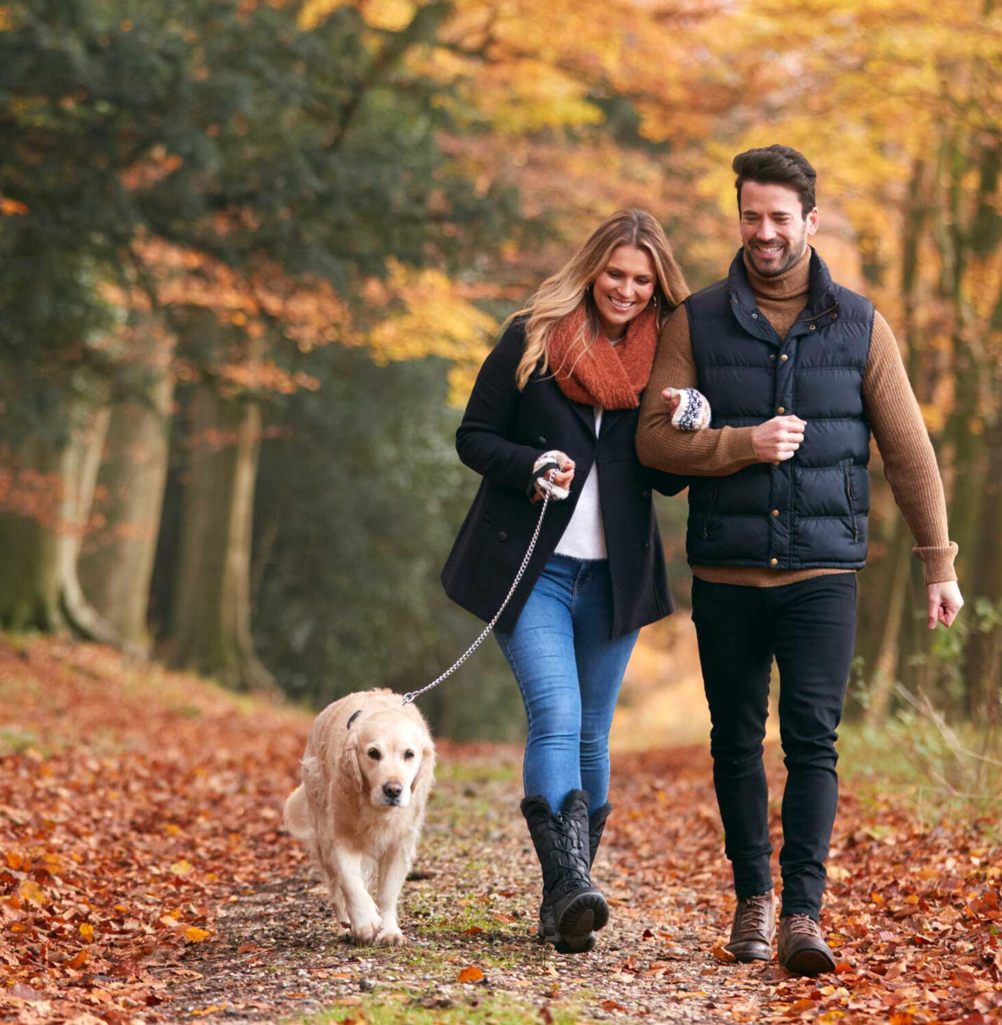 a couple walking their golden retriever dog